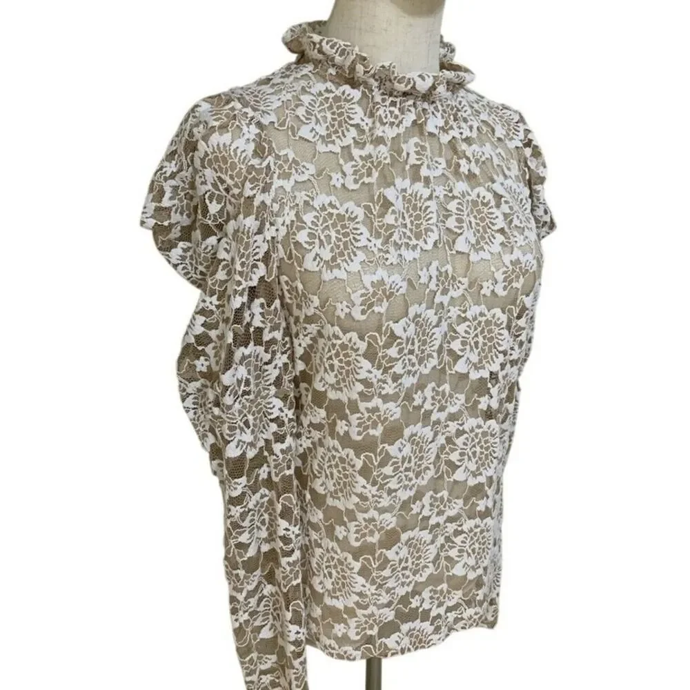 Dolan Lace Blouse White Floral Ruffle Neck Puff Sleeve Top Womens Petite M